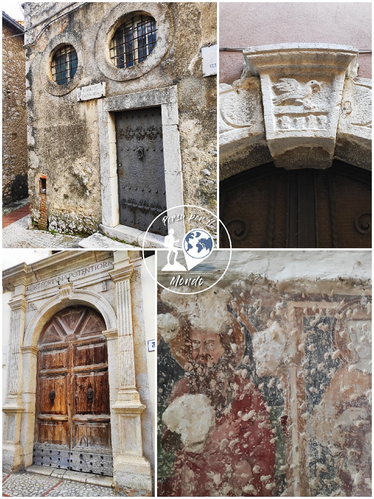 Veroli: a. Ingresso biblioteca Giovardiana b. Intarsio di colomba su chiave di volta c. Dettaglio portale, d. dettaglio affresco chiesa di San Leucio