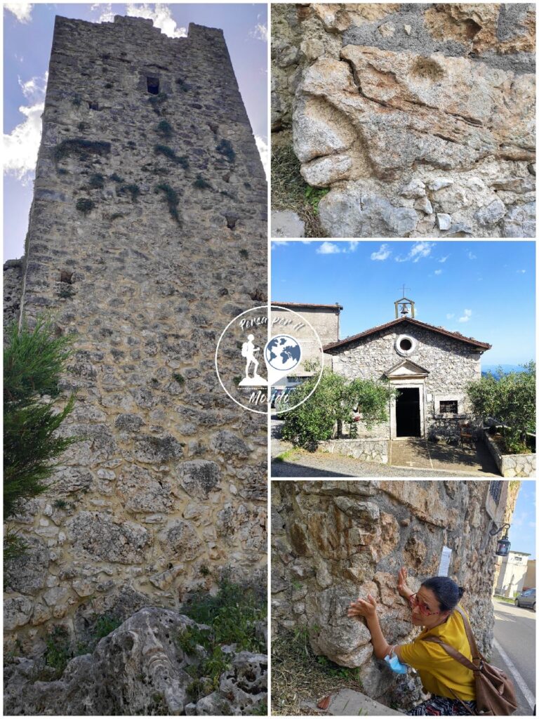a. Torre di Vico nel Lazio vista dal basso, segni sulle mura, chiesetta della Madonna del carmine a Vico nel Lazio